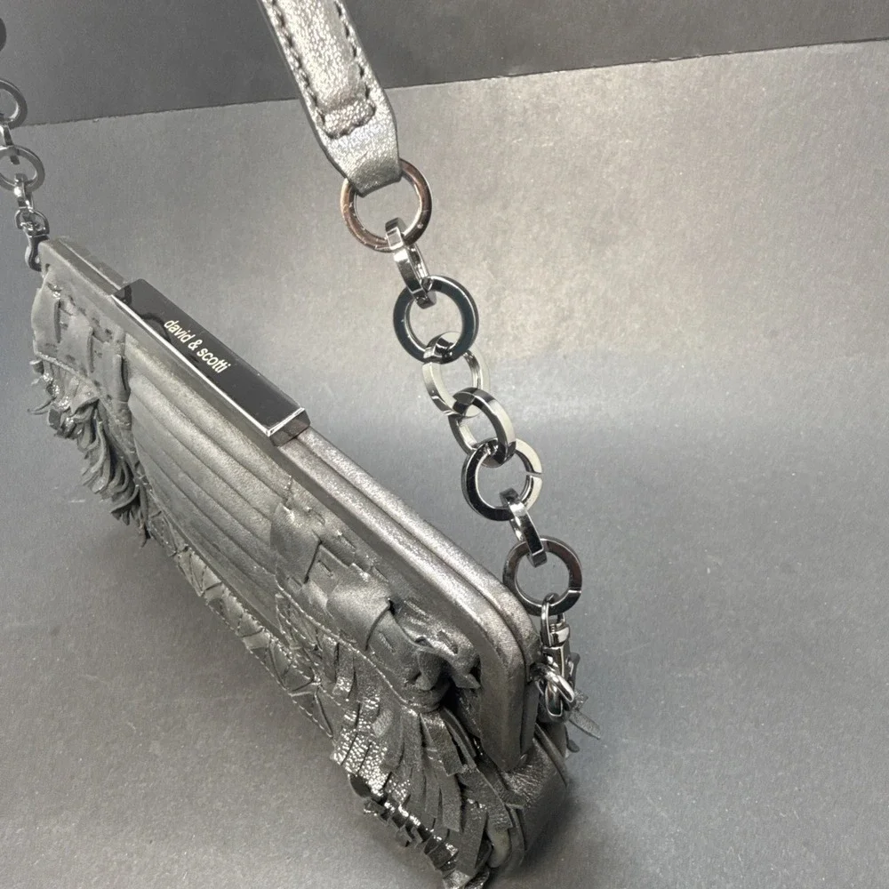 David & Scotti Metallic Gray Shoulder Fringe Metal Handle Handbag Purse w Mirror